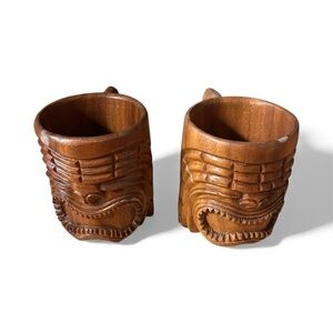 Pair Of Wooden Tiki Mugs